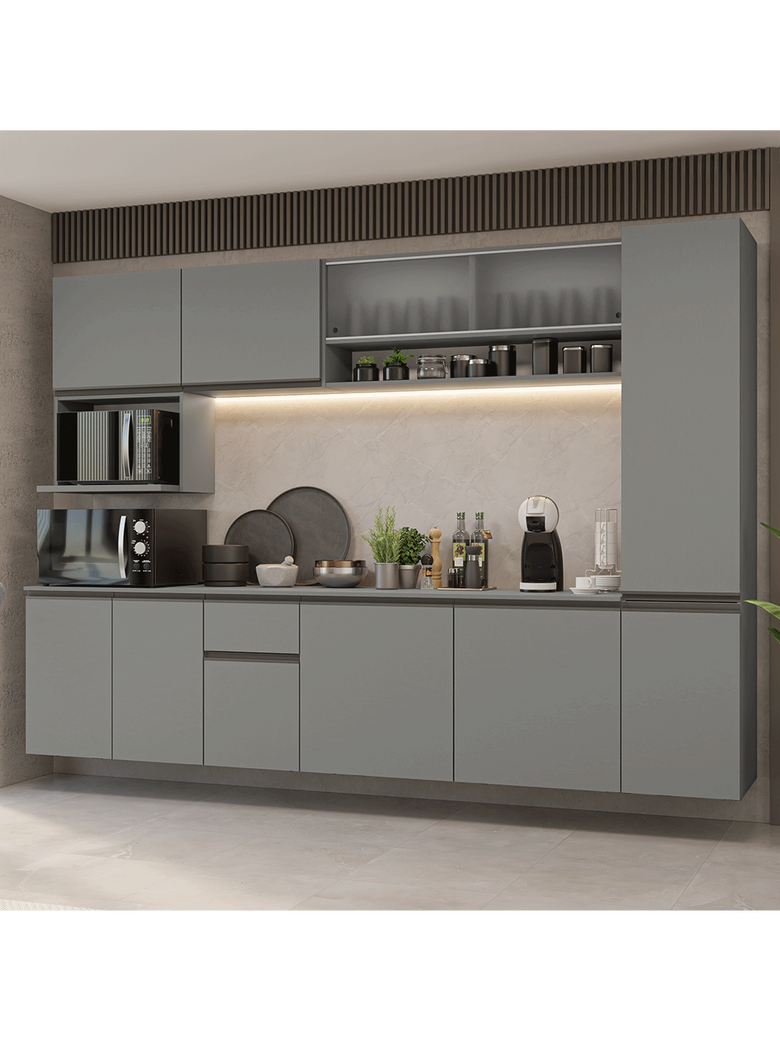 Armário de Cozinha Completa 280 cm Suspensa Cinza Nice Madesa 04