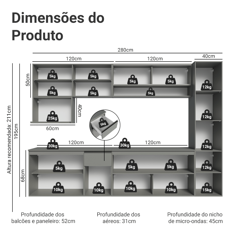 Armário de Cozinha Completa 280 cm Suspensa Cinza Nice Madesa 04