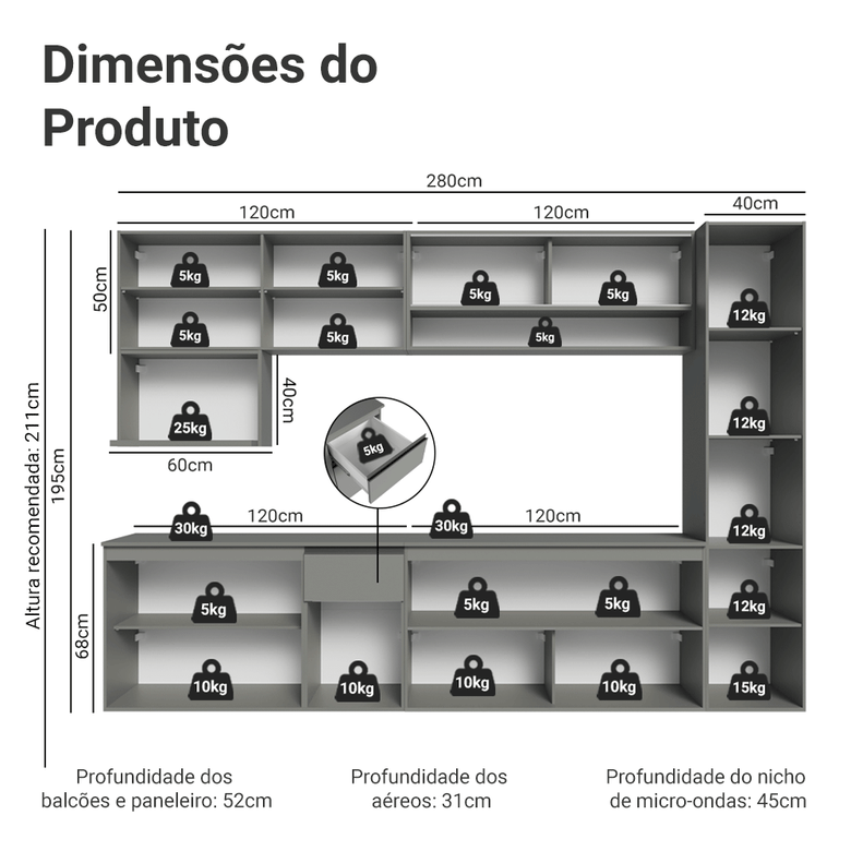 Armário de Cozinha Completa 280 cm Suspensa Cinza Nice Madesa 04
