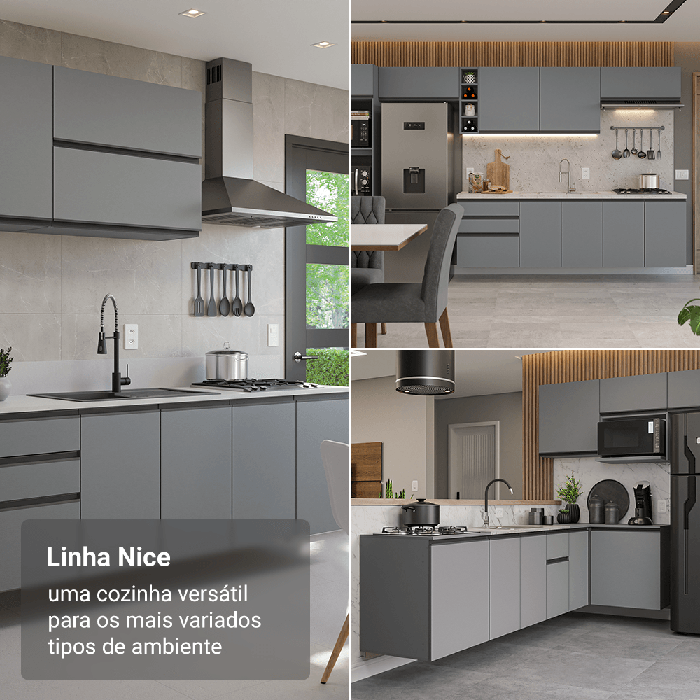 Armário de Cozinha Completa 280 cm Suspensa Cinza Nice Madesa 04