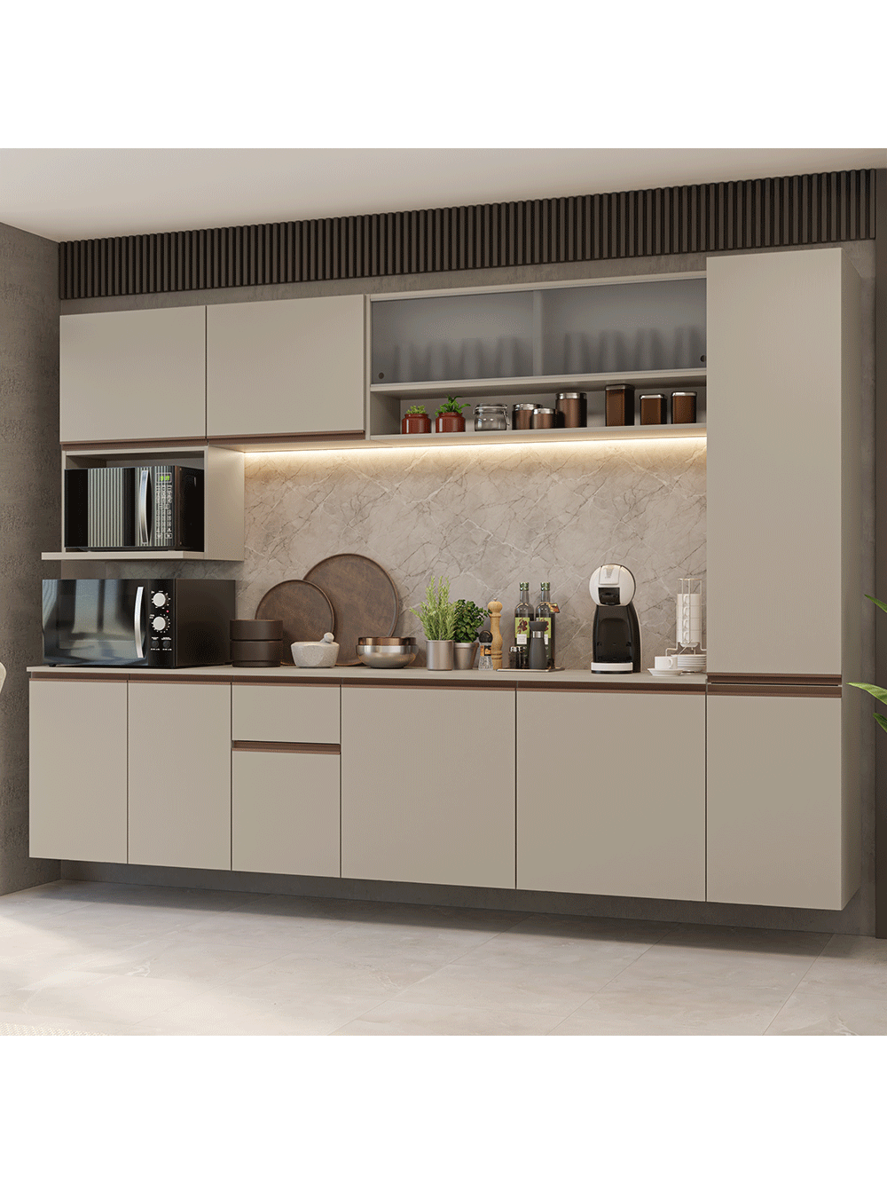 Armário de Cozinha Completa 280 cm Suspensa Crema Nice Madesa 04 - Crema