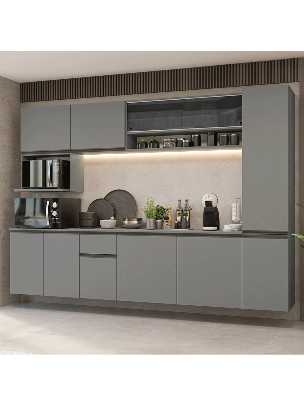 Armário de Cozinha Completa 280 cm Suspensa Cinza Nice Madesa 05 - Cinza