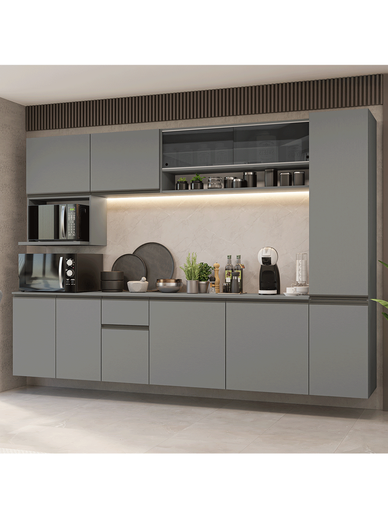 Armário de Cozinha Completa 280 cm Suspensa Cinza Nice Madesa 05