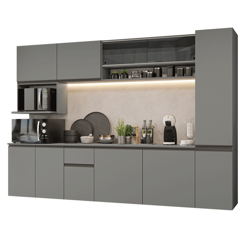 Armário de Cozinha Completa 280 cm Suspensa Cinza Nice Madesa 05