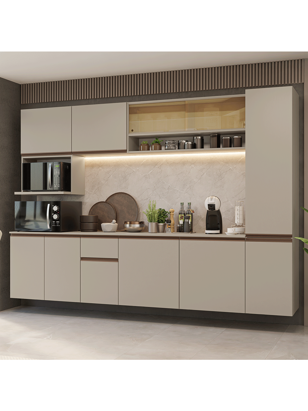 Armário de Cozinha Completa 280 cm Suspensa Crema Nice Madesa 05 - Crema