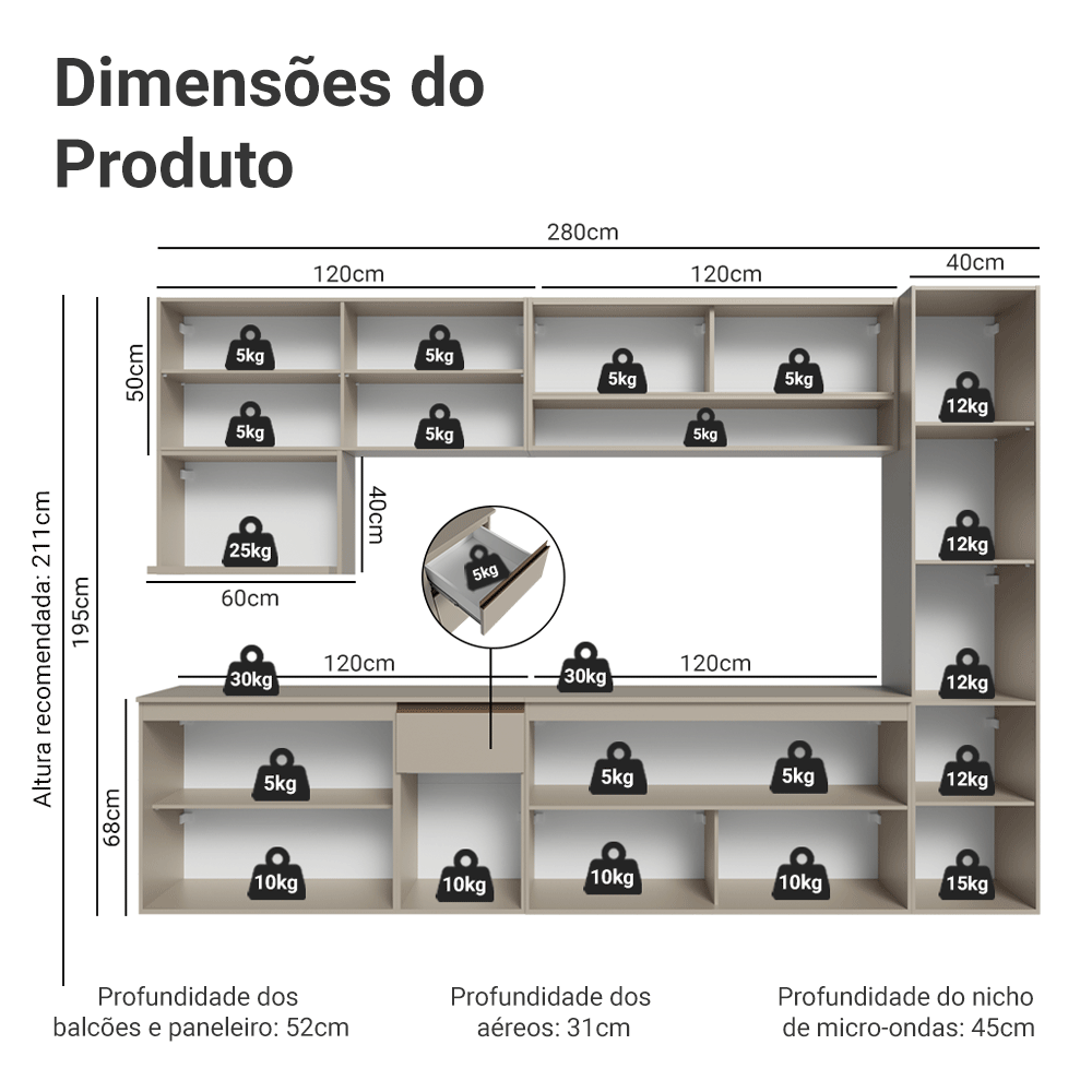 Armário de Cozinha Completa 280 cm Suspensa Crema Nice Madesa 05