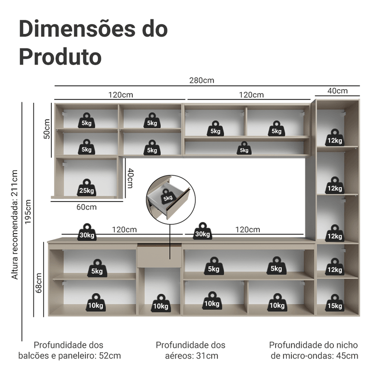 Armário de Cozinha Completa 280 cm Suspensa Crema Nice Madesa 05