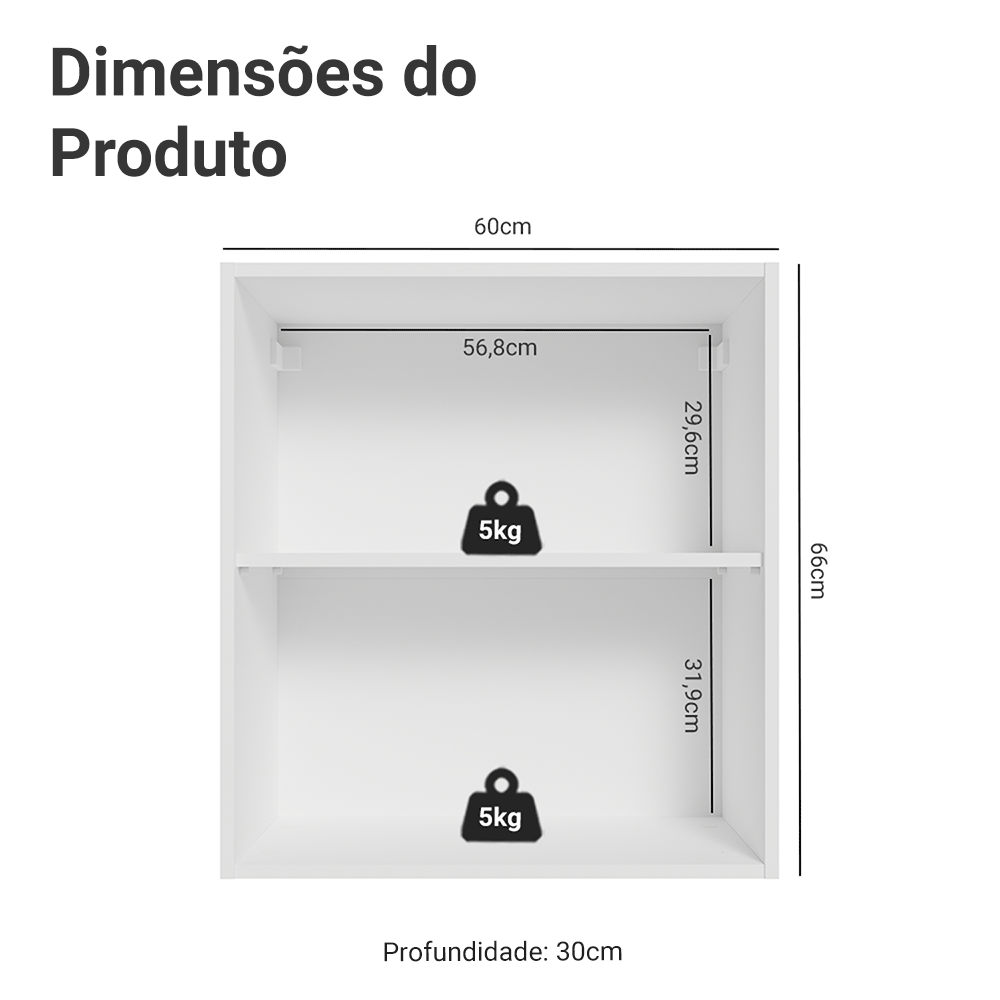 Armário Aéreo para Quarto 60 cm 2 Nichos Abertos Branco Neo Madesa - Branco