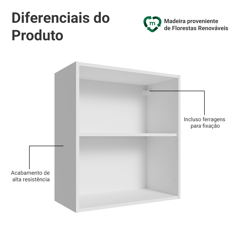 Armário Aéreo para Quarto 60 cm 2 Nichos Abertos Branco Neo Madesa