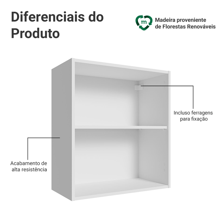Armário Aéreo para Quarto 60 cm 2 Nichos Abertos Branco Neo Madesa