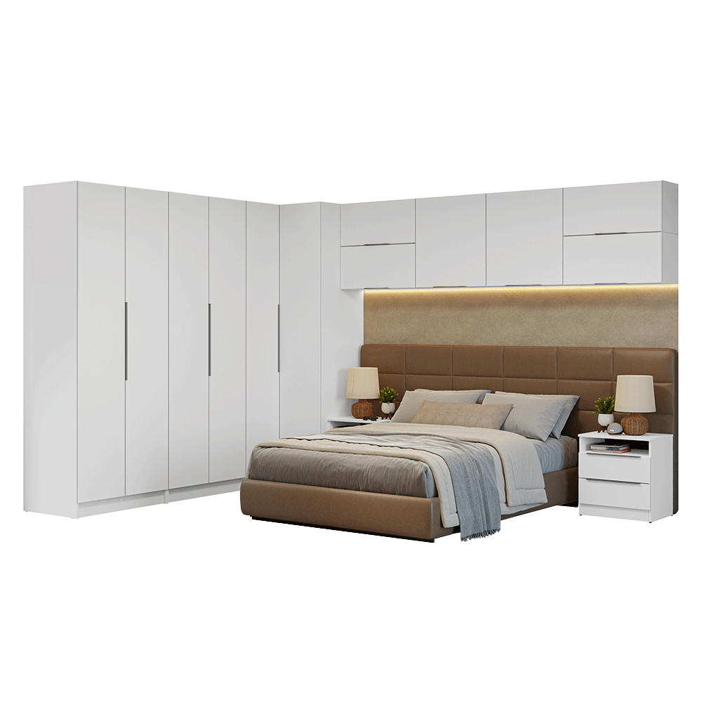 Quarto Completo Casal de Canto 610 cm com Mesa de Cabeceira Branco Neo Madesa - Branco