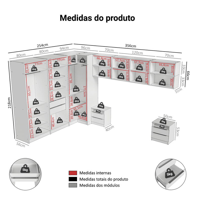 Quarto Completo Casal de Canto 610 cm com Mesa de Cabeceira Branco Neo Madesa