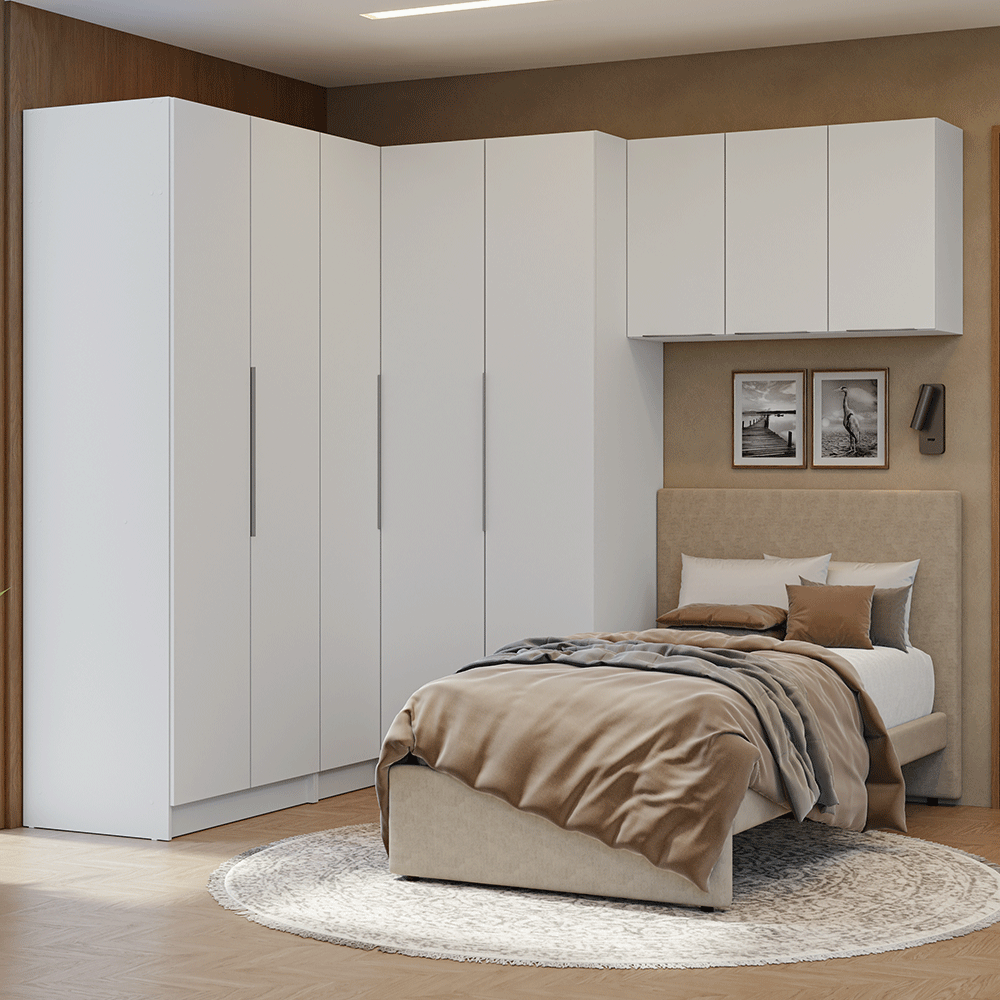 Quarto Completo Solteiro De Canto 415 cm Branco Neo Madesa - Branco