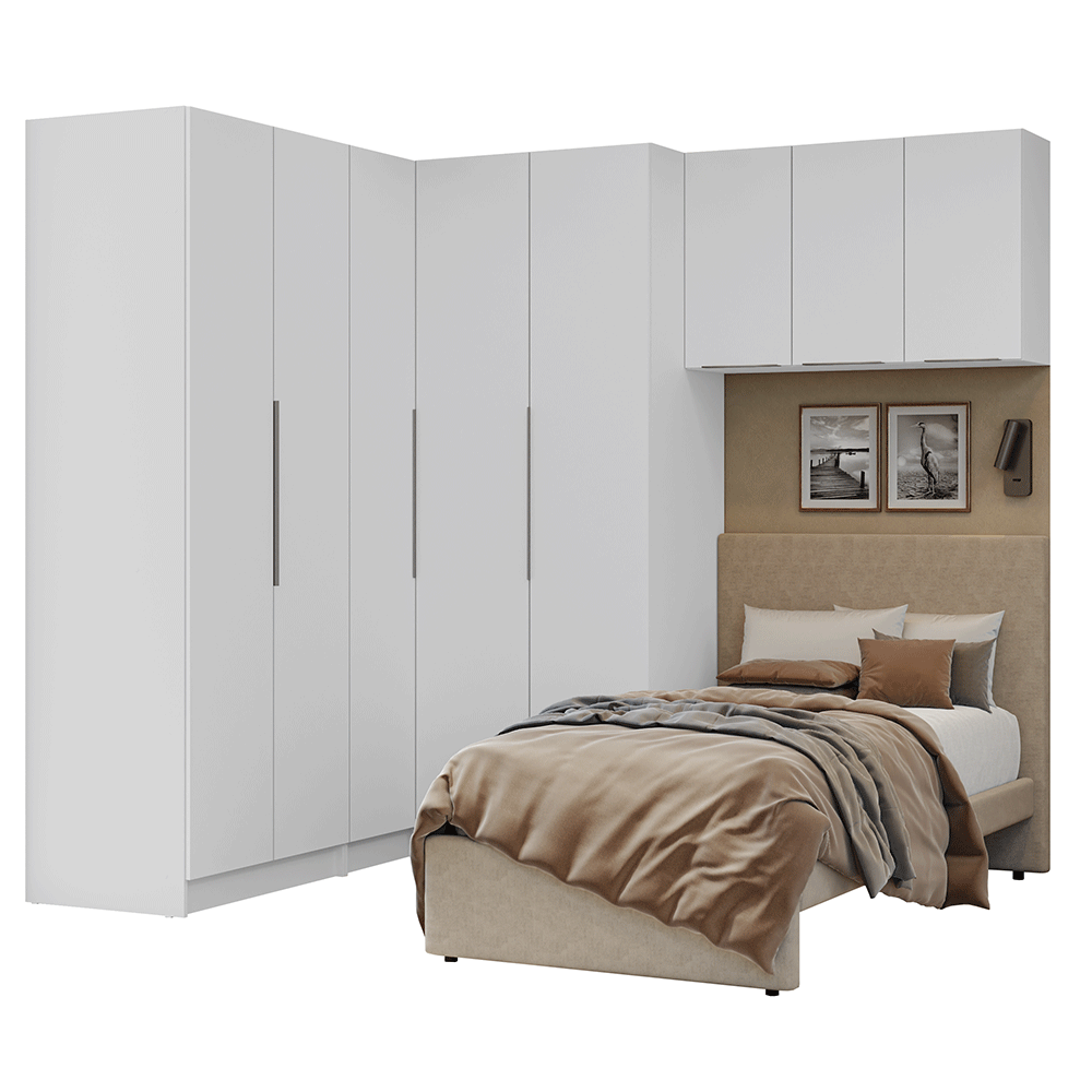 Quarto Completo Solteiro De Canto 415 cm Branco Neo Madesa - Branco