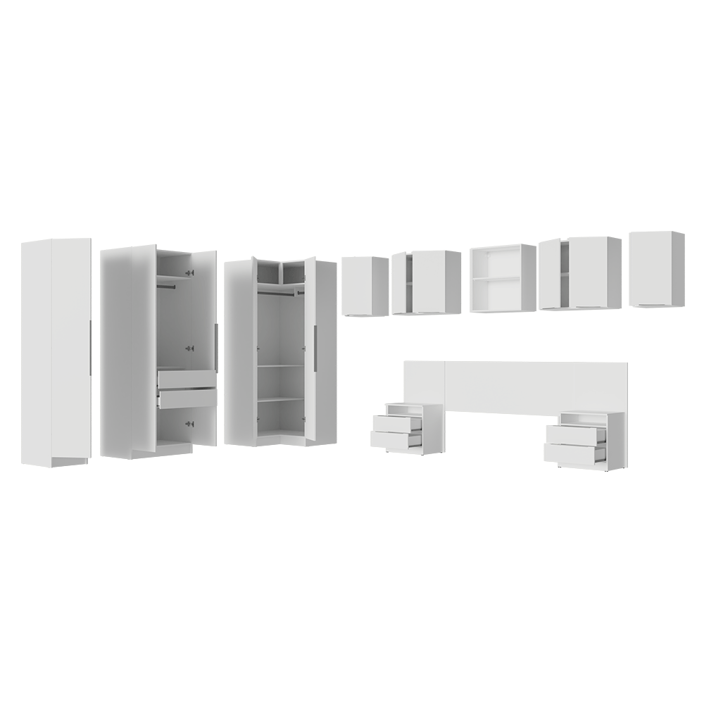 Quarto Completo Casal de Canto 580 cm com Mesa de Cabeceira Branco Neo Madesa