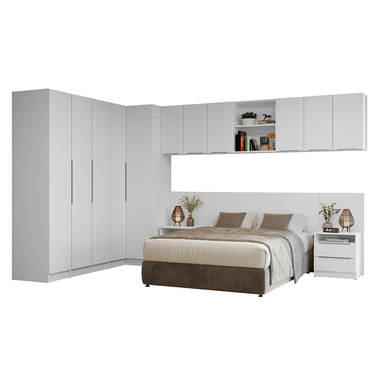 Quarto Completo Casal de Canto 580 cm com Mesa de Cabeceira Branco Neo Madesa