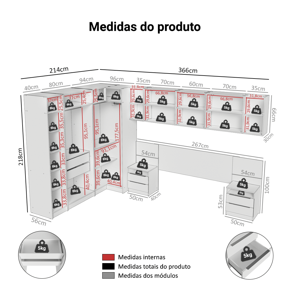 Quarto Completo Casal de Canto 580 cm com Mesa de Cabeceira Branco Neo Madesa