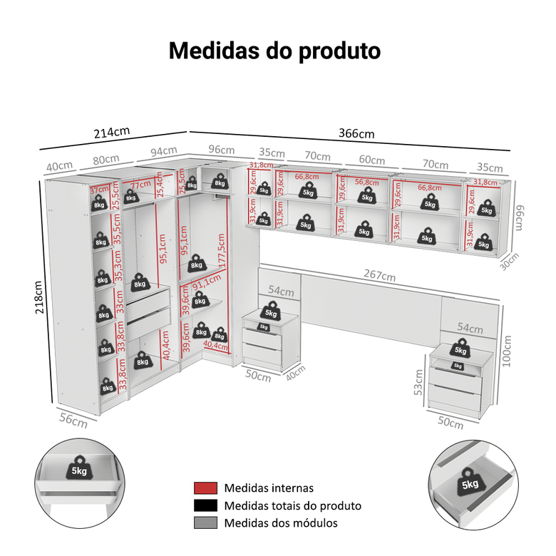 Quarto Completo Casal de Canto 580 cm com Mesa de Cabeceira Branco Neo Madesa