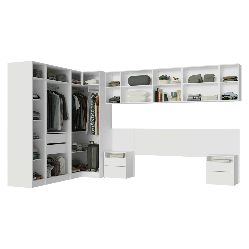 Quarto Completo Casal de Canto 580 cm com Mesa de Cabeceira Branco Neo Madesa