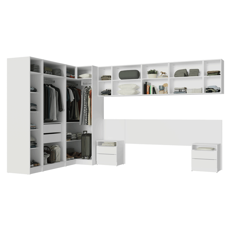 Quarto Completo Casal de Canto 580 cm com Mesa de Cabeceira Branco Neo Madesa