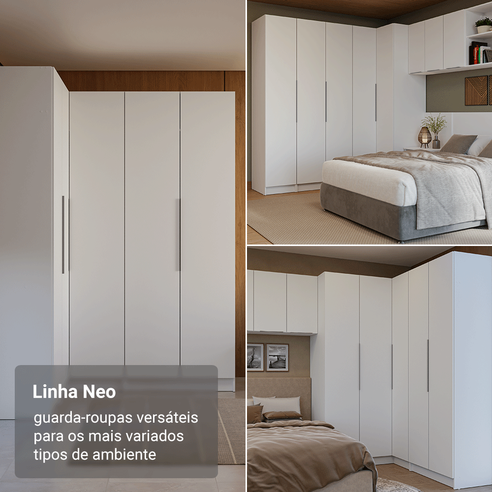 Quarto Completo Casal de Canto 580 cm com Mesa de Cabeceira Branco Neo Madesa