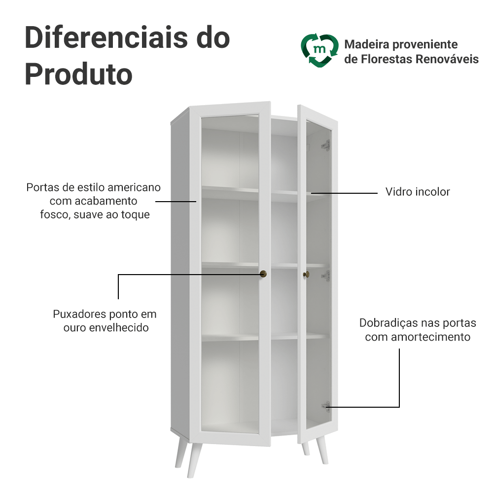 Cristaleira 70 cm 2 Portas de Vidro com Pés Cônicos Branco Vik Madesa