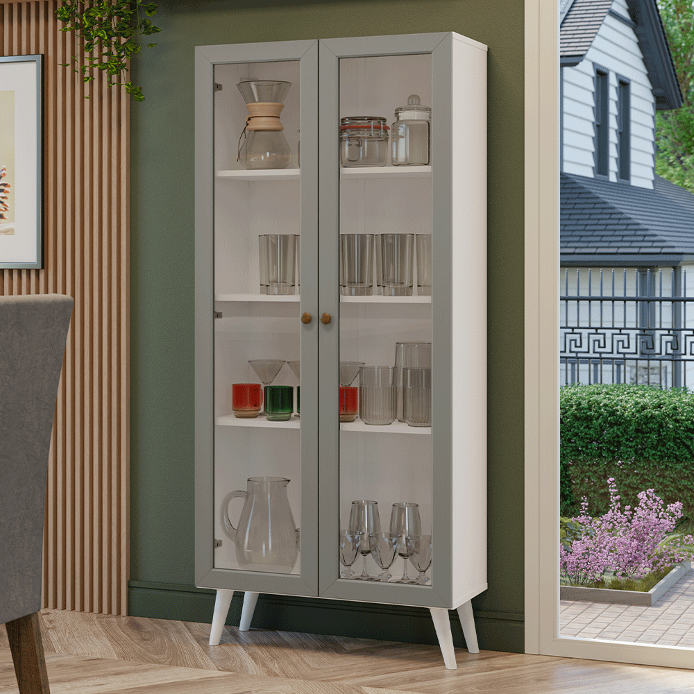 Cristaleira 70 cm 2 Portas de Vidro com Pés Cônicos Branco/Cinza/Branco Vik Madesa - Branco/Cinza