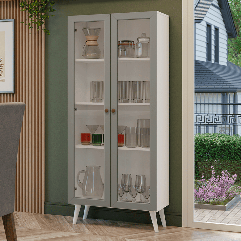 Cristaleira 70 cm 2 Portas de Vidro com Pés Cônicos Branco/Cinza/Branco Vik Madesa