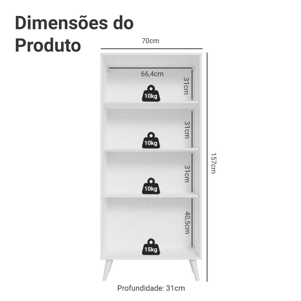 Cristaleira 70 cm 2 Portas de Vidro com Pés Cônicos Branco/Cinza/Branco Vik Madesa
