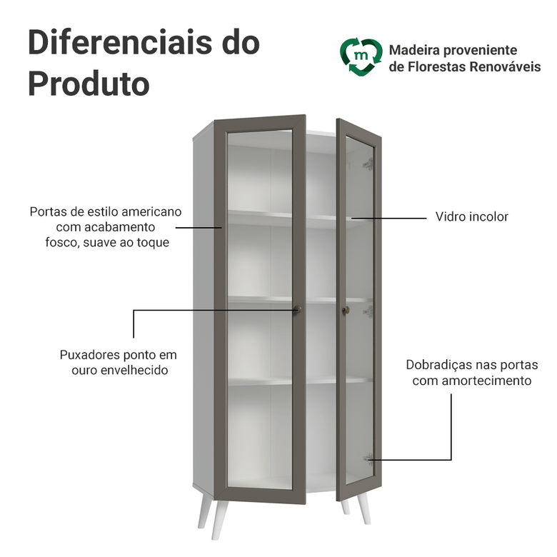 Cristaleira 70 cm 2 Portas de Vidro com Pés Cônicos Branco/Cinza/Branco Vik Madesa