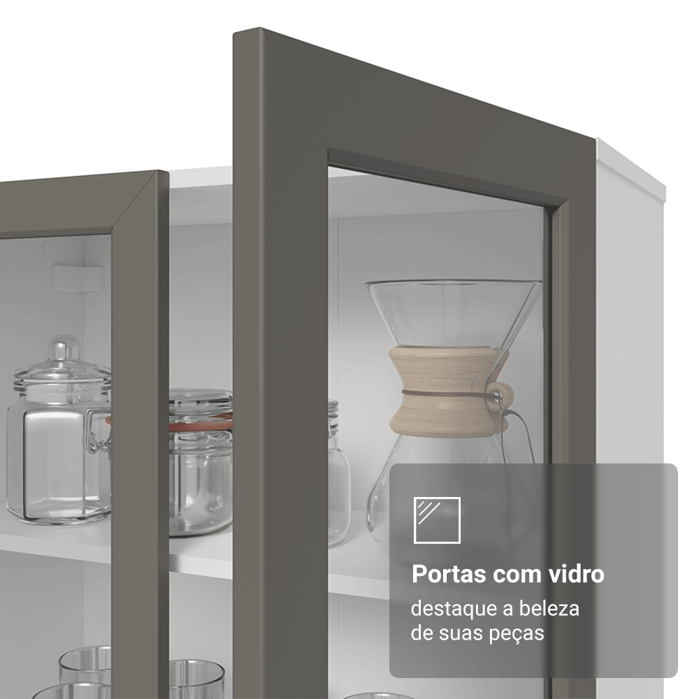 Cristaleira 70 cm 2 Portas de Vidro com Pés Cônicos Branco/Cinza/Branco Vik Madesa