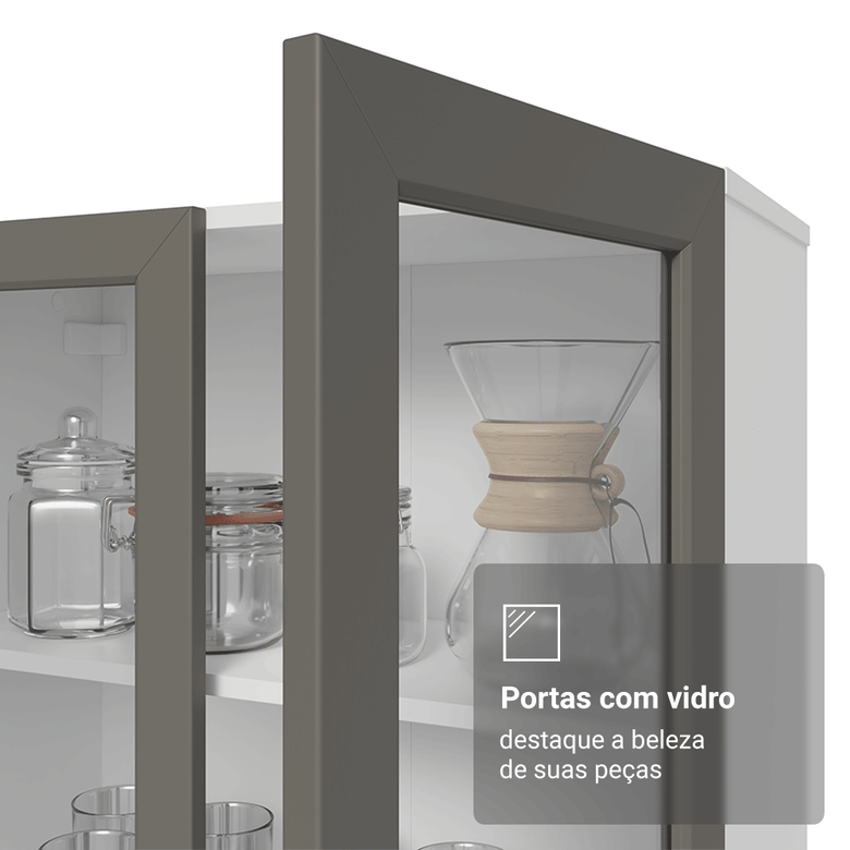 Cristaleira 70 cm 2 Portas de Vidro com Pés Cônicos Branco/Cinza/Branco Vik Madesa