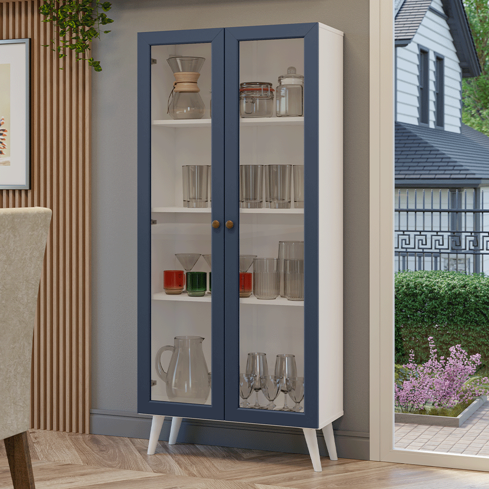 Cristaleira 70 cm 2 Portas de Vidro com Pés Cônicos Branco/Azul/Branco Vik Madesa - Branco/Azul