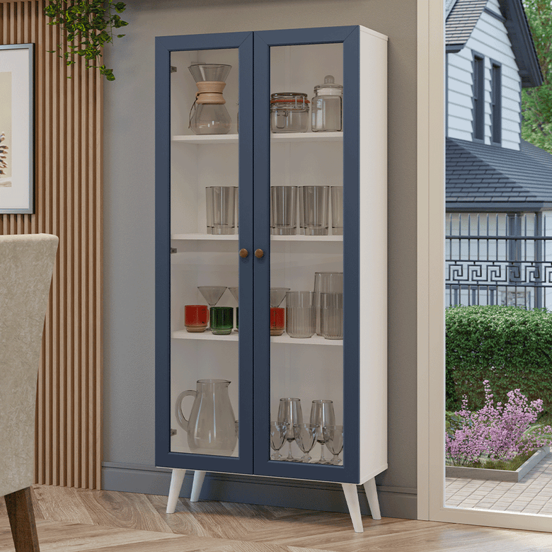 Cristaleira 70 cm 2 Portas de Vidro com Pés Cônicos Branco/Azul/Branco Vik Madesa