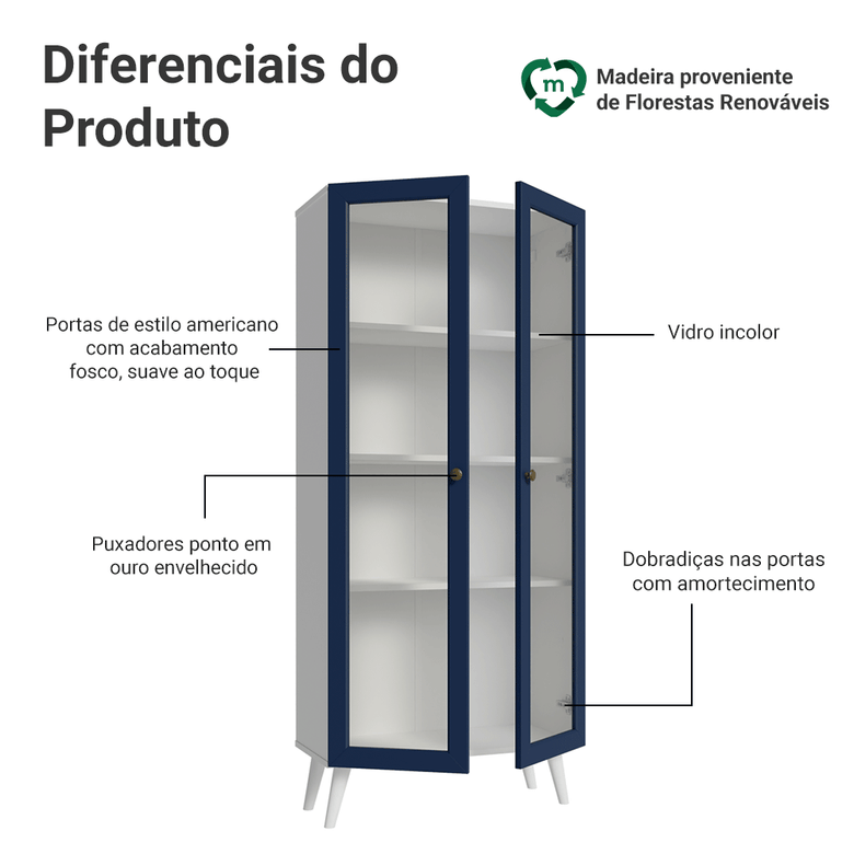 Cristaleira 70 cm 2 Portas de Vidro com Pés Cônicos Branco/Azul/Branco Vik Madesa