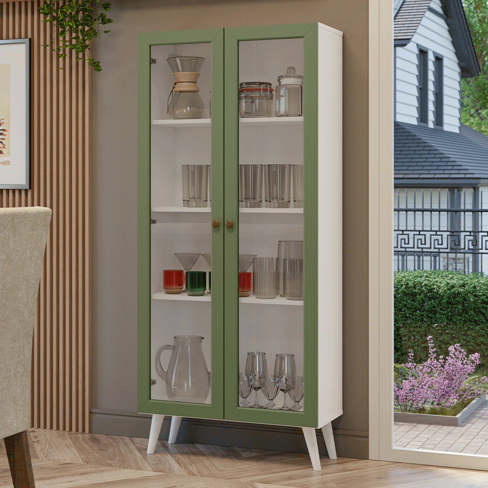 Cristaleira 70 cm 2 Portas de Vidro com Pés Cônicos Branco/Verde/Branco Vik Madesa - Branco/Verde