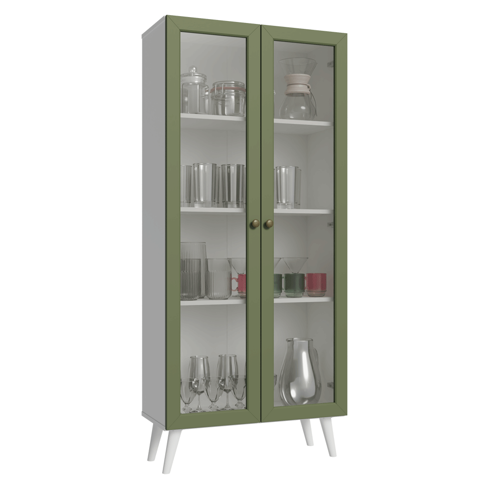 Cristaleira 70 cm 2 Portas de Vidro com Pés Cônicos Branco/Verde/Branco Vik Madesa - Branco/Verde