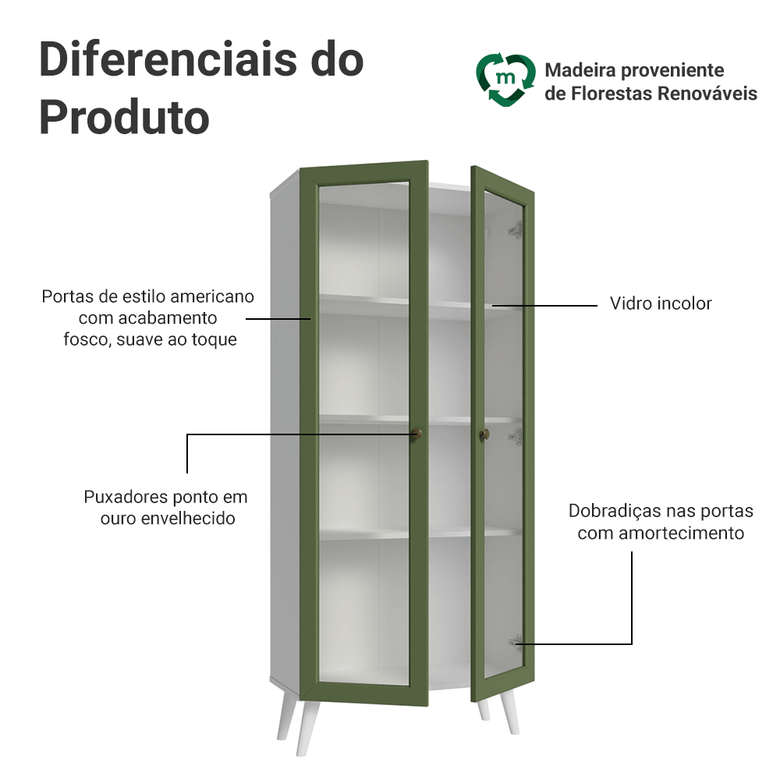 Cristaleira 70 cm 2 Portas de Vidro com Pés Cônicos Branco/Verde/Branco Vik Madesa