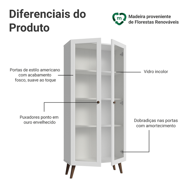 Cristaleira 70 cm 2 Portas de Vidro com Pés Cônicos Branco/Rustic Vik Madesa