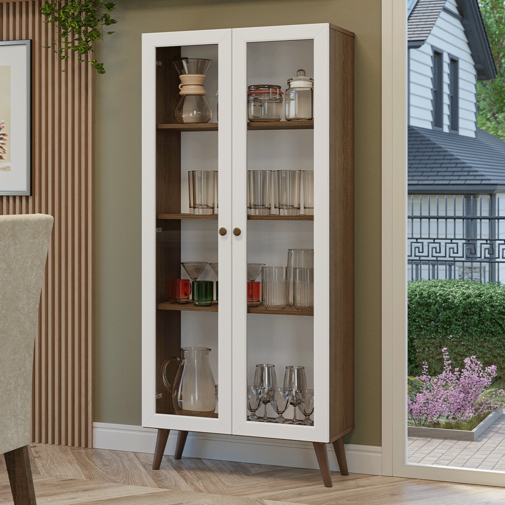 Cristaleira 70 cm 2 Portas de Vidro com Pés Cônicos Rustic/Branco/Rustic Vik Madesa - Rustic/Branco