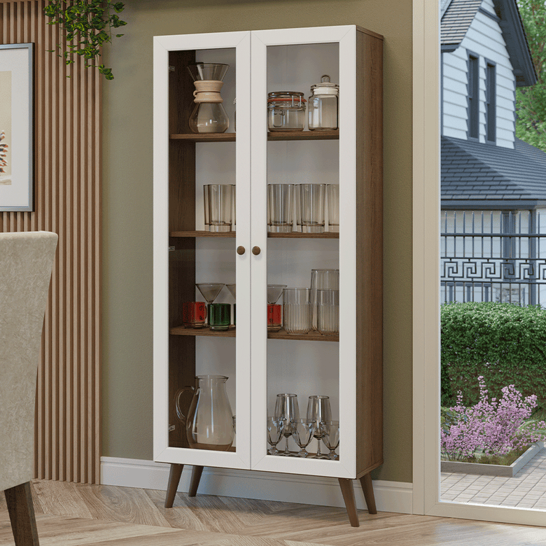 Cristaleira 70 cm 2 Portas de Vidro com Pés Cônicos Rustic/Branco/Rustic Vik Madesa