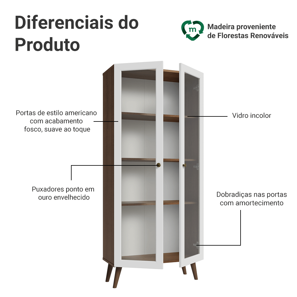 Cristaleira 70 cm 2 Portas de Vidro com Pés Cônicos Rustic/Branco/Rustic Vik Madesa
