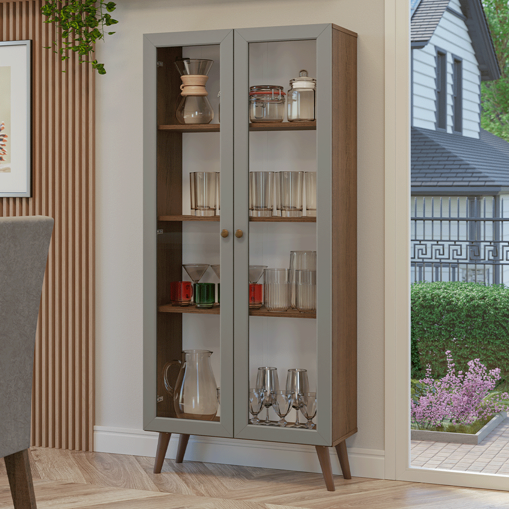 Cristaleira 70 cm 2 Portas de Vidro com Pés Cônicos Rustic/Cinza/Rustic Vik Madesa - Rustic/Cinza