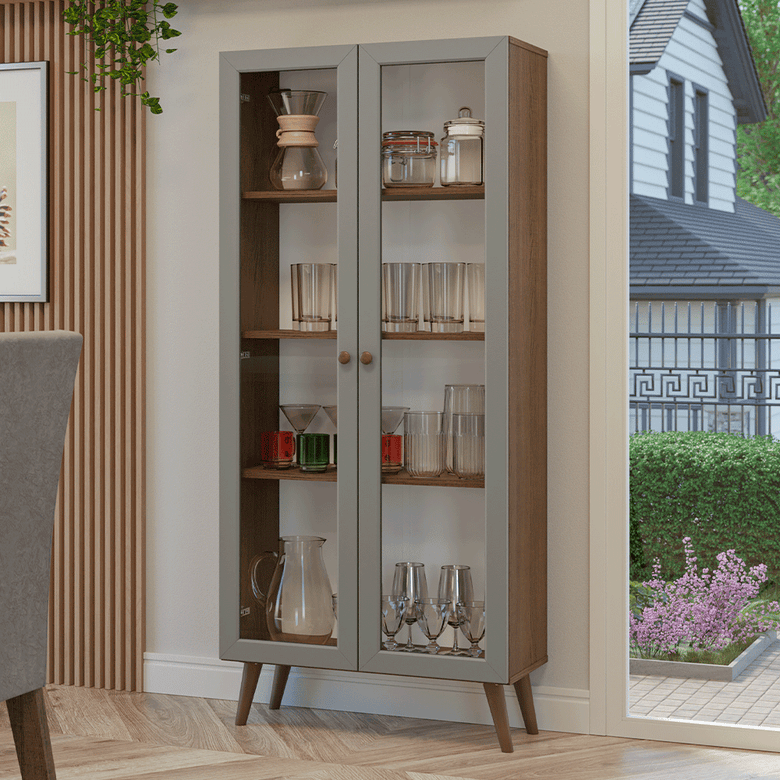 Cristaleira 70 cm 2 Portas de Vidro com Pés Cônicos Rustic/Cinza/Rustic Vik Madesa