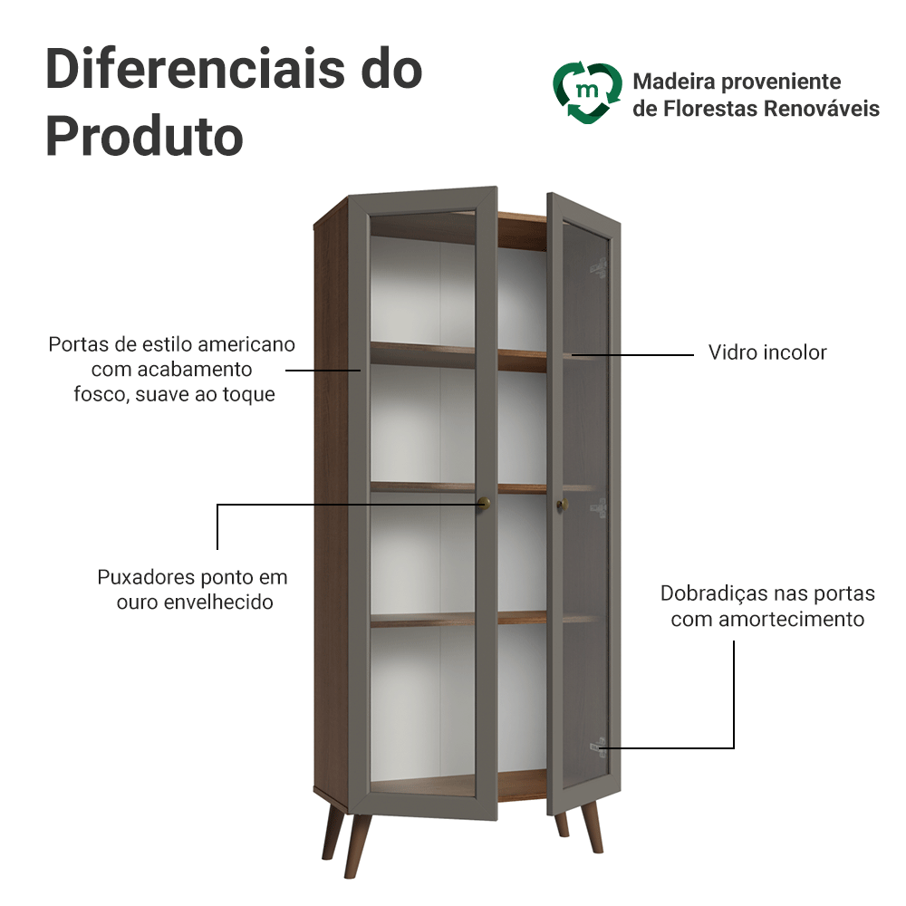Cristaleira 70 cm 2 Portas de Vidro com Pés Cônicos Rustic/Cinza/Rustic Vik Madesa