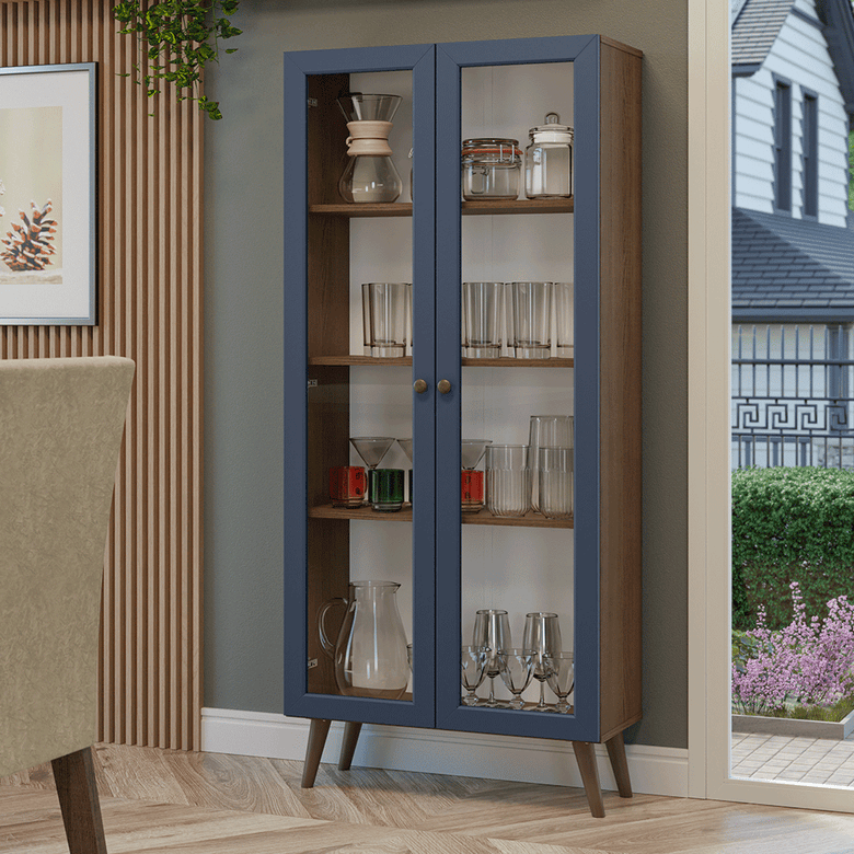 Cristaleira 70 cm 2 Portas de Vidro com Pés Cônicos Rustic/Azul/Rustic Vik Madesa
