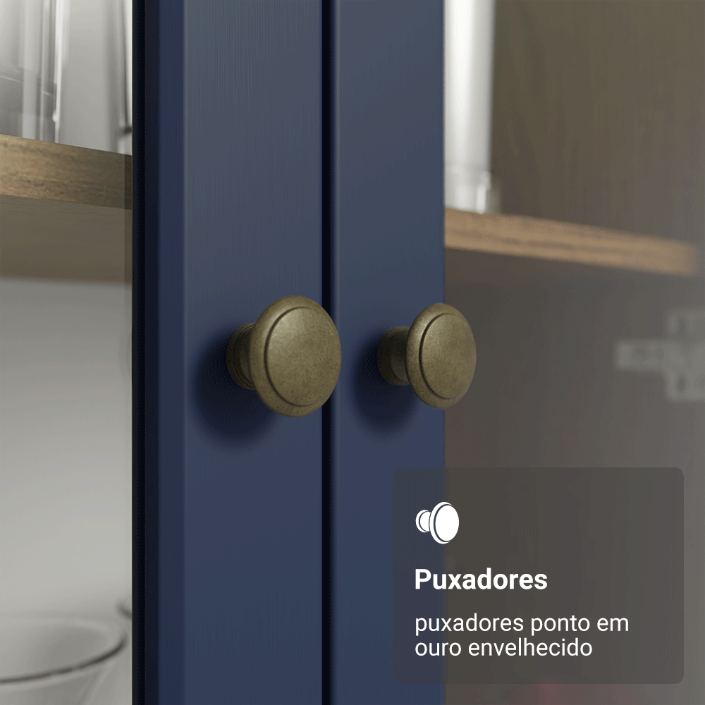 Cristaleira 70 cm 2 Portas de Vidro com Pés Cônicos Rustic/Azul/Rustic Vik Madesa