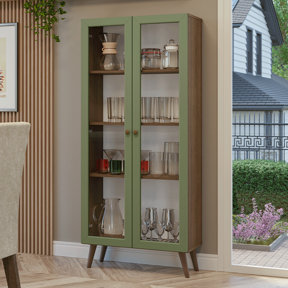 Cristaleira 70 cm 2 Portas de Vidro com Pés Cônicos Rustic/Verde/Rustic Vik Madesa - Rustic/Verde