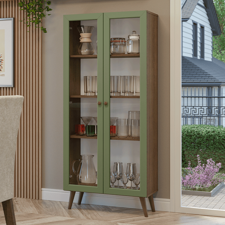 Cristaleira 70 cm 2 Portas de Vidro com Pés Cônicos Rustic/Verde/Rustic Vik Madesa