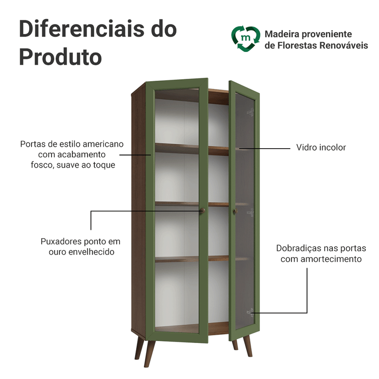Cristaleira 70 cm 2 Portas de Vidro com Pés Cônicos Rustic/Verde/Rustic Vik Madesa
